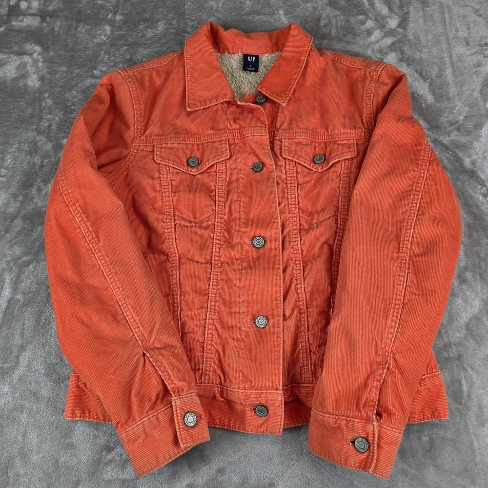 Gap Corduroy Sherpa Lined Trucker Jacket Women L Autumn Orange Rustic Retro 70s